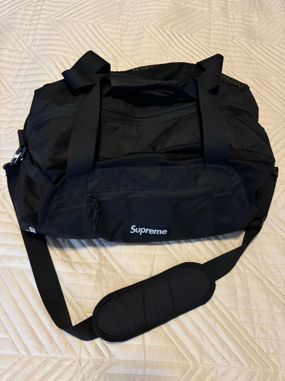 Supreme Black Duffel Bag with Shoulder Strap